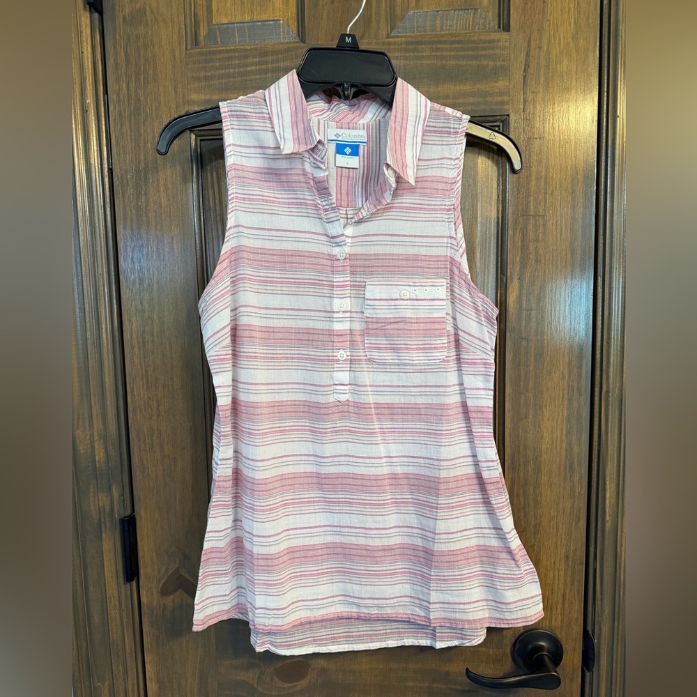Columbia Women’s Pink and White Striped Sleeveless Button Tank